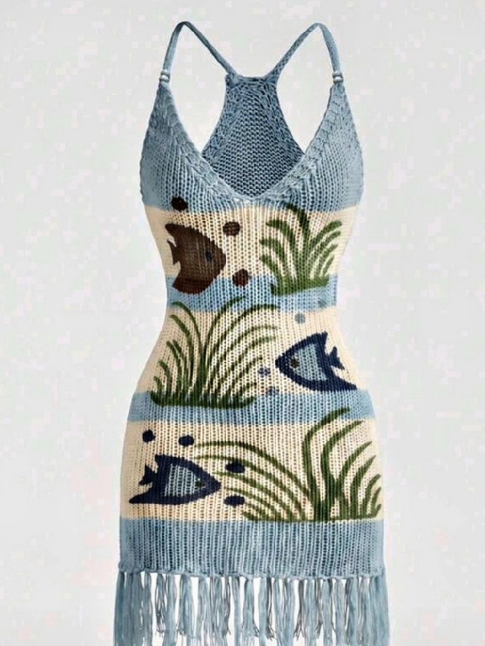 ROMWE Avant Fish Print Tassel Bodycon Knit Dress Blue & Cream